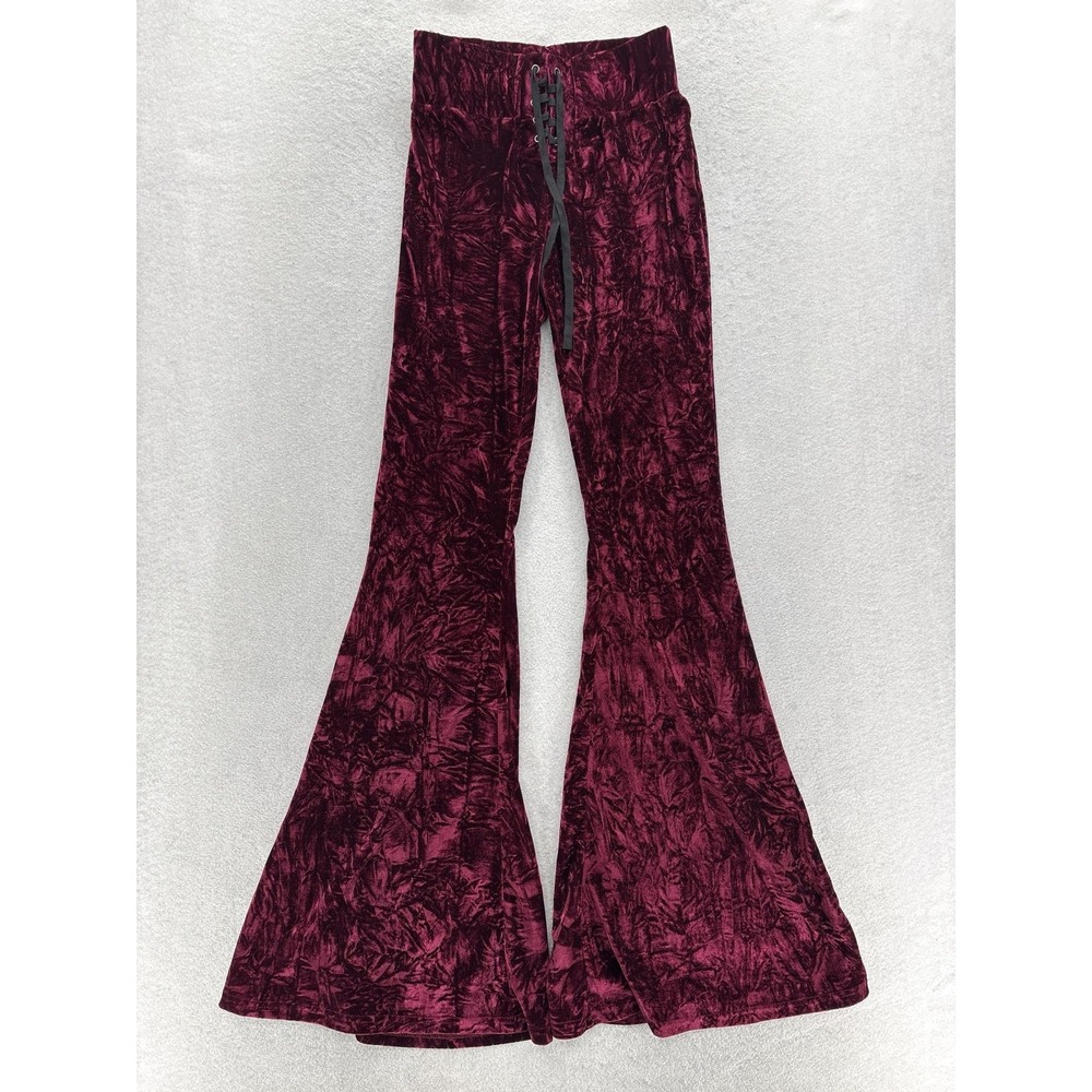 Killstar Crushed Velvet Flare Pants Womens XS Red Lace Up Bell Bottom Goth Punk